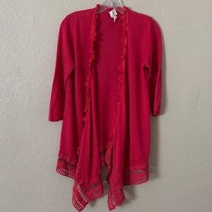 Women’s Chicos 0 Open Front Tassel Trim Cardigan Kimono Red Linen Cotton Small